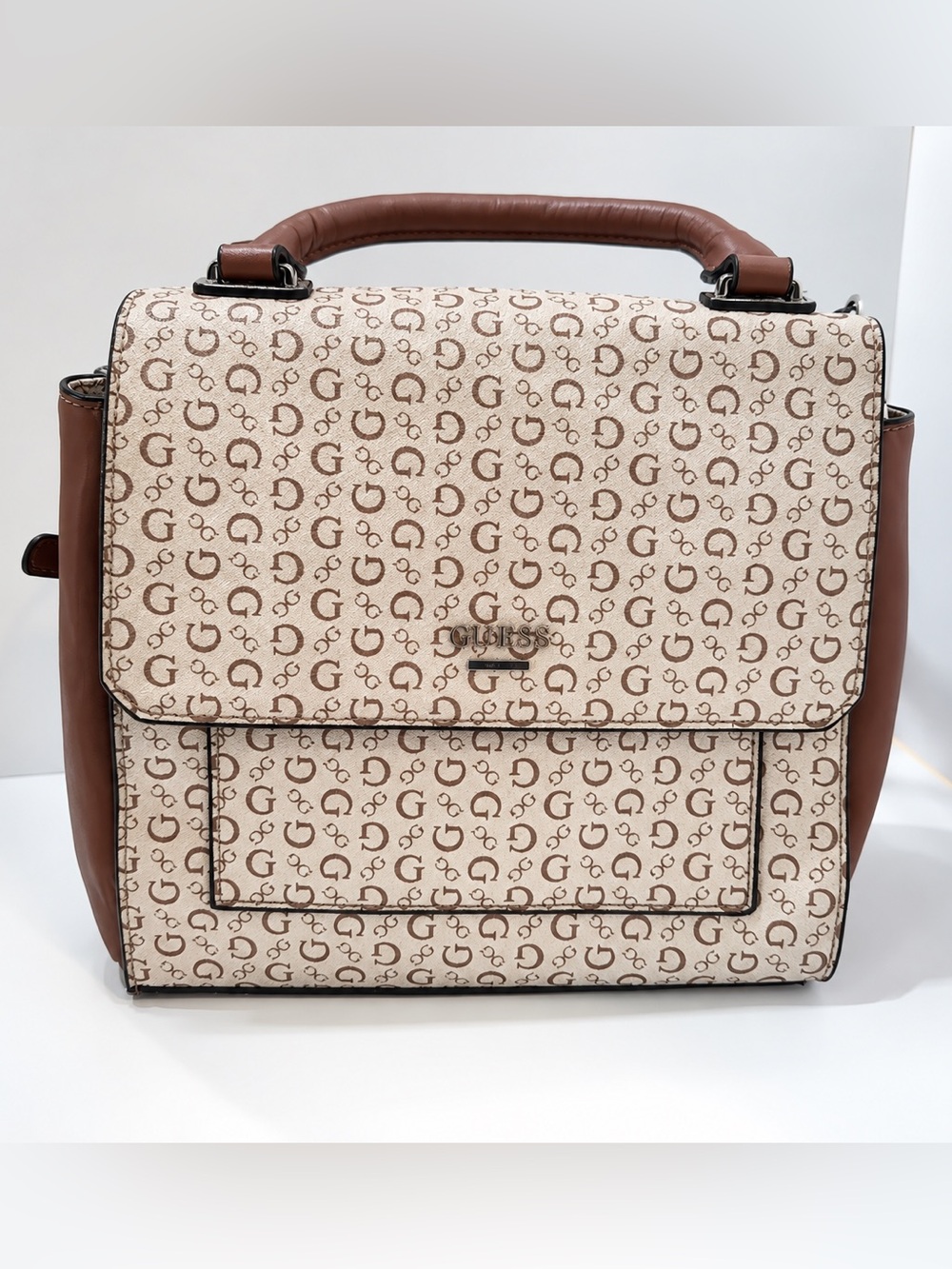 GUESS Monogram Structured Top Handle Satchel Handbag Brown